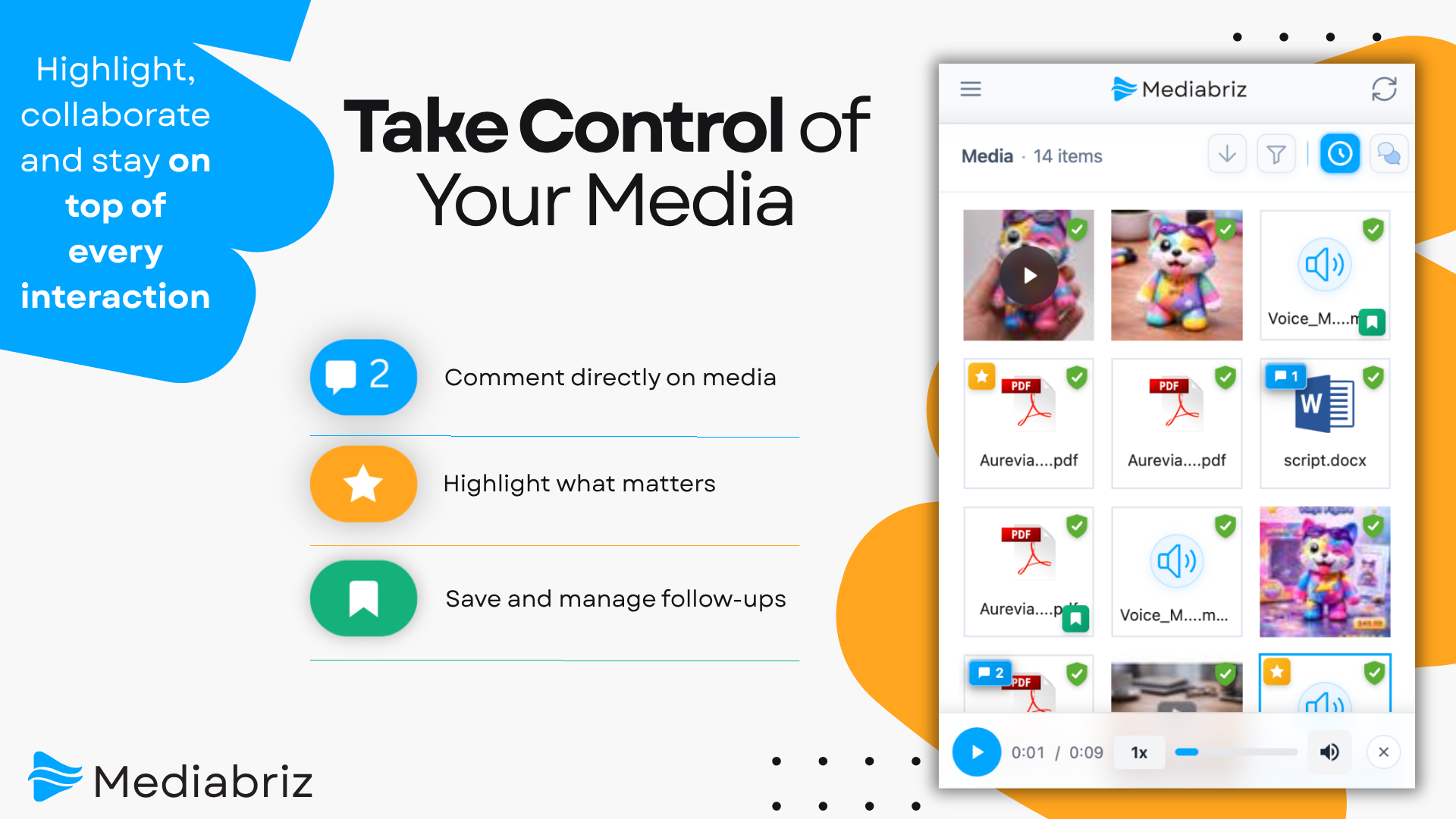 Mediabriz media workspace organizing files with options to comment, highlight, and manage follow-ups